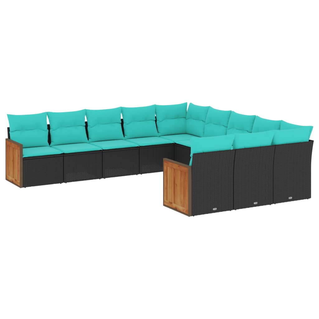 vidaXL 11-teiliges Gartensofa-Set mit Kissen, schwarzes Polyrattan