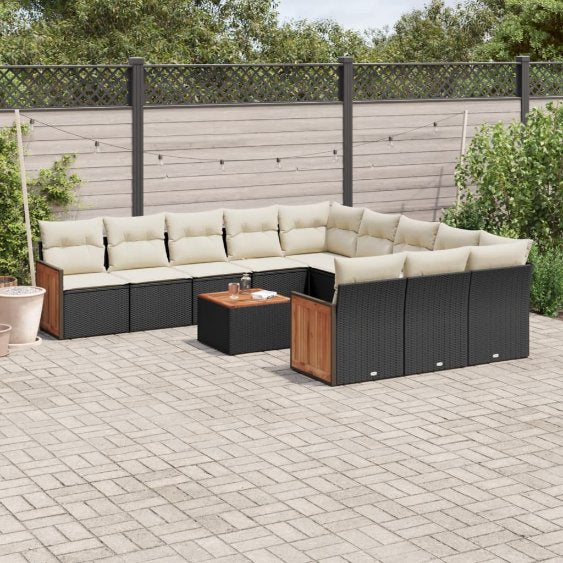 11-tlg. Garten-Sofagarnitur mit Kissen Schwarz Poly Rattan