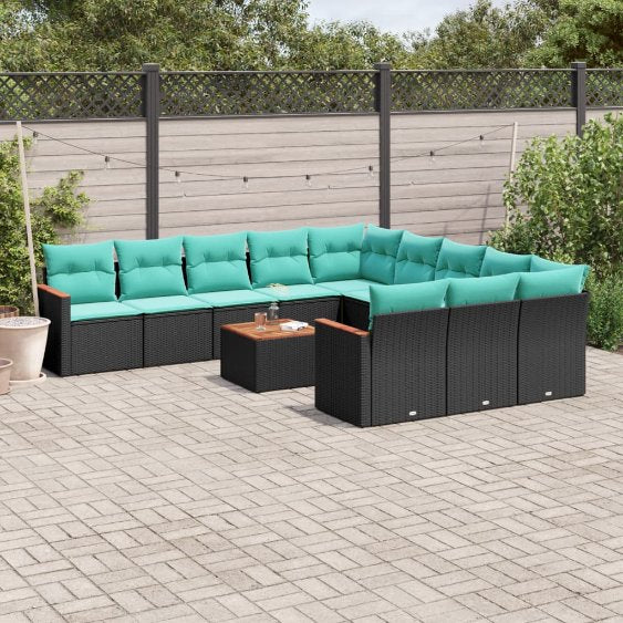 vidaXL 11-teiliges Gartensofa-Set mit Kissen, schwarzes Polyrattan