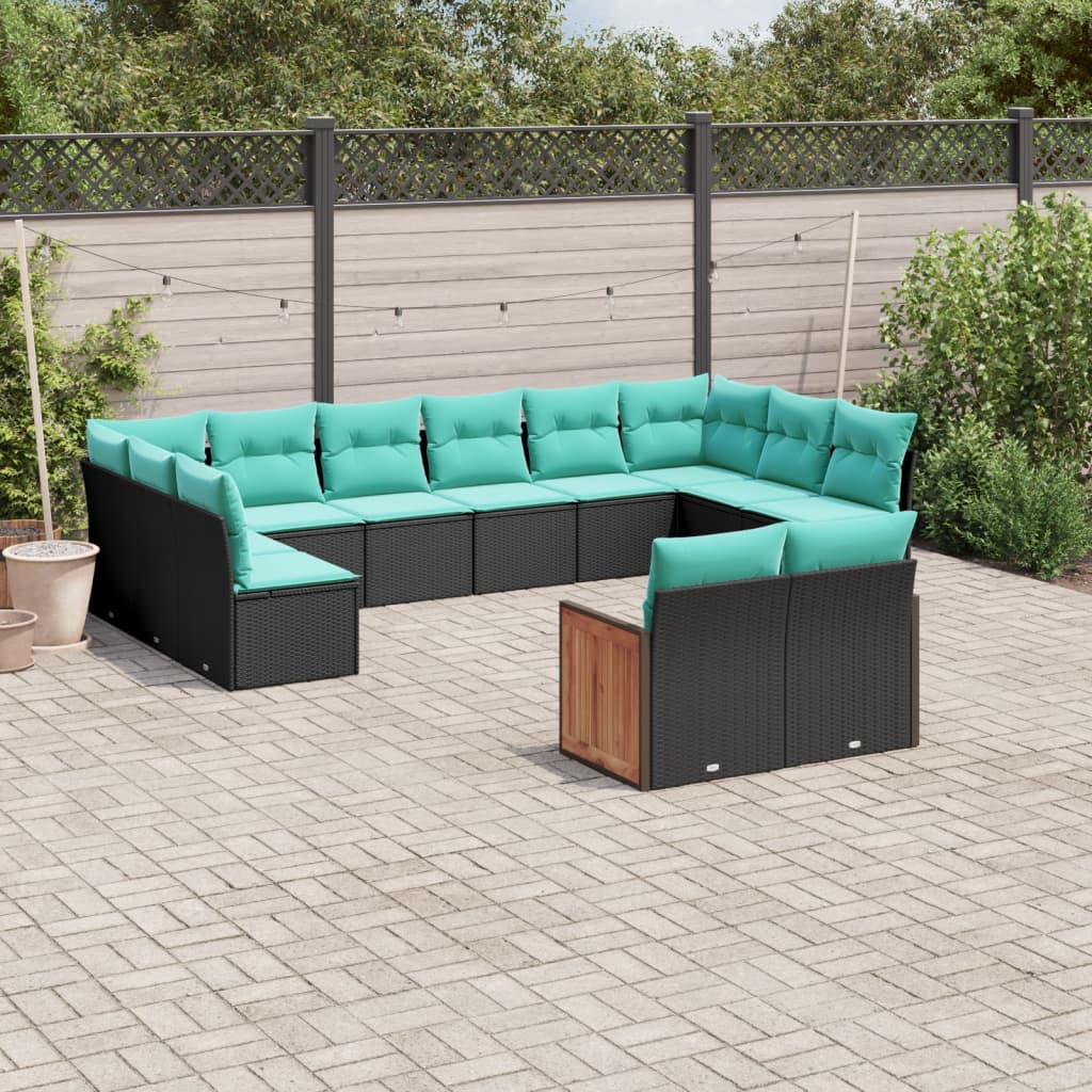 vidaXL 12-teiliges Gartensofa-Set mit Kissen, schwarzes Polyrattan
