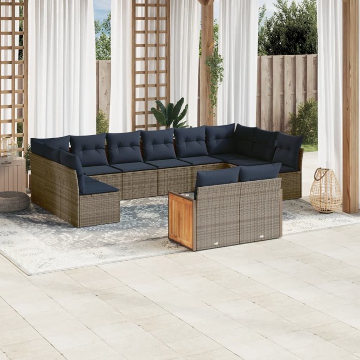 vidaXL 12-teiliges Gartensofa-Set mit Kissen, schwarzes Polyrattan