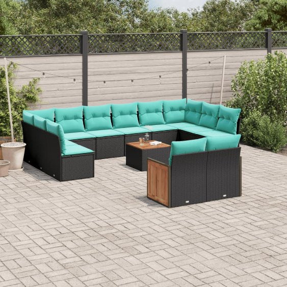 vidaXL 12-teiliges Gartensofa-Set mit Kissen, schwarzes Polyrattan