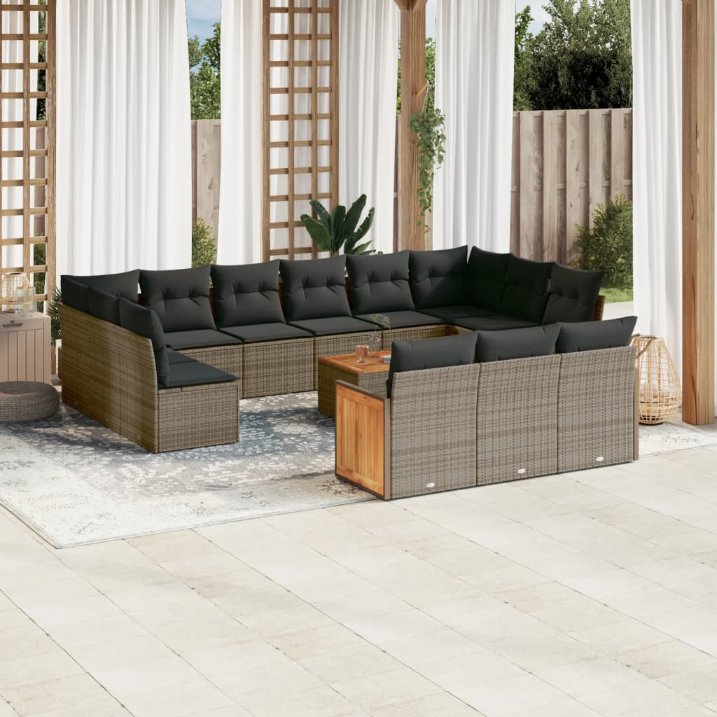 13-tlg. Garten-Sofagarnitur mit Kissen Schwarz Poly Rattan