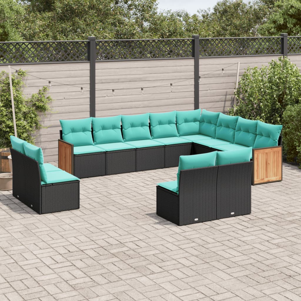 vidaXL 12-teiliges Gartensofa-Set mit Kissen, schwarzes Polyrattan