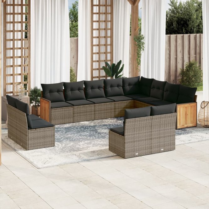 12-tlg. Garten-Sofagarnitur mit Kissen Schwarz Poly Rattan