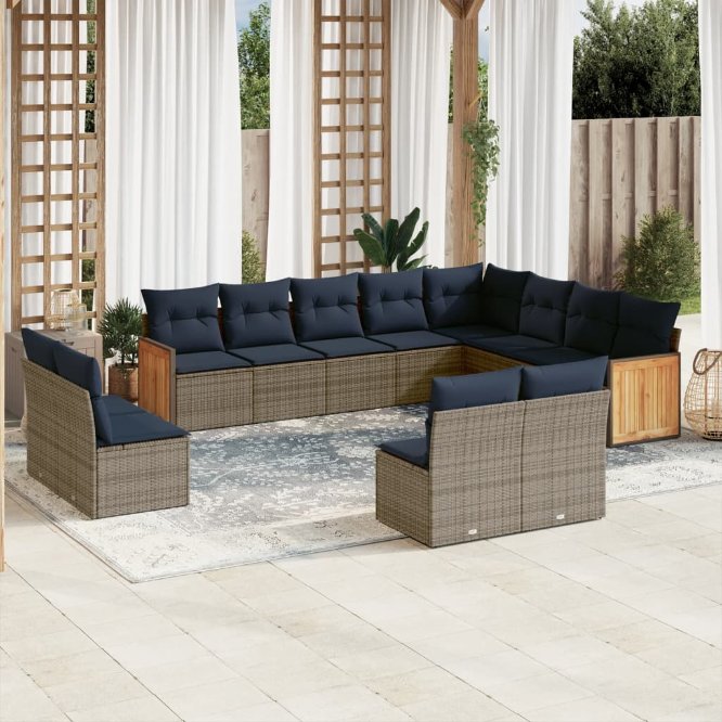 vidaXL 12-teiliges Gartensofa-Set mit Kissen, schwarzes Polyrattan