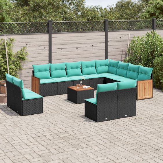 vidaXL 12-teiliges Gartensofa-Set mit Kissen, schwarzes Polyrattan