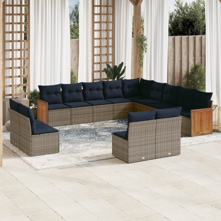 13-teiliges Gartensofa-Set mit Kissen, schwarzes Polyrattan