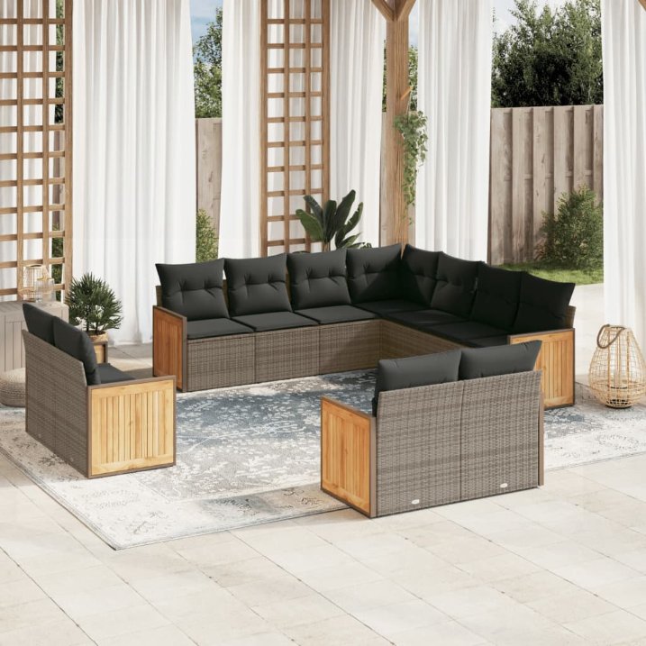 11-tlg. Garten-Sofagarnitur mit Kissen Schwarz Poly Rattan