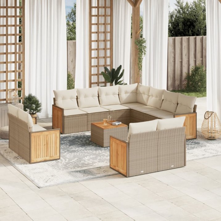11-tlg. Garten-Sofagarnitur mit Kissen Schwarz Poly Rattan