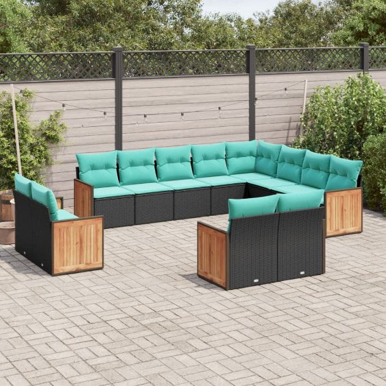vidaXL 12-teiliges Gartensofa-Set mit Kissen, schwarzes Polyrattan