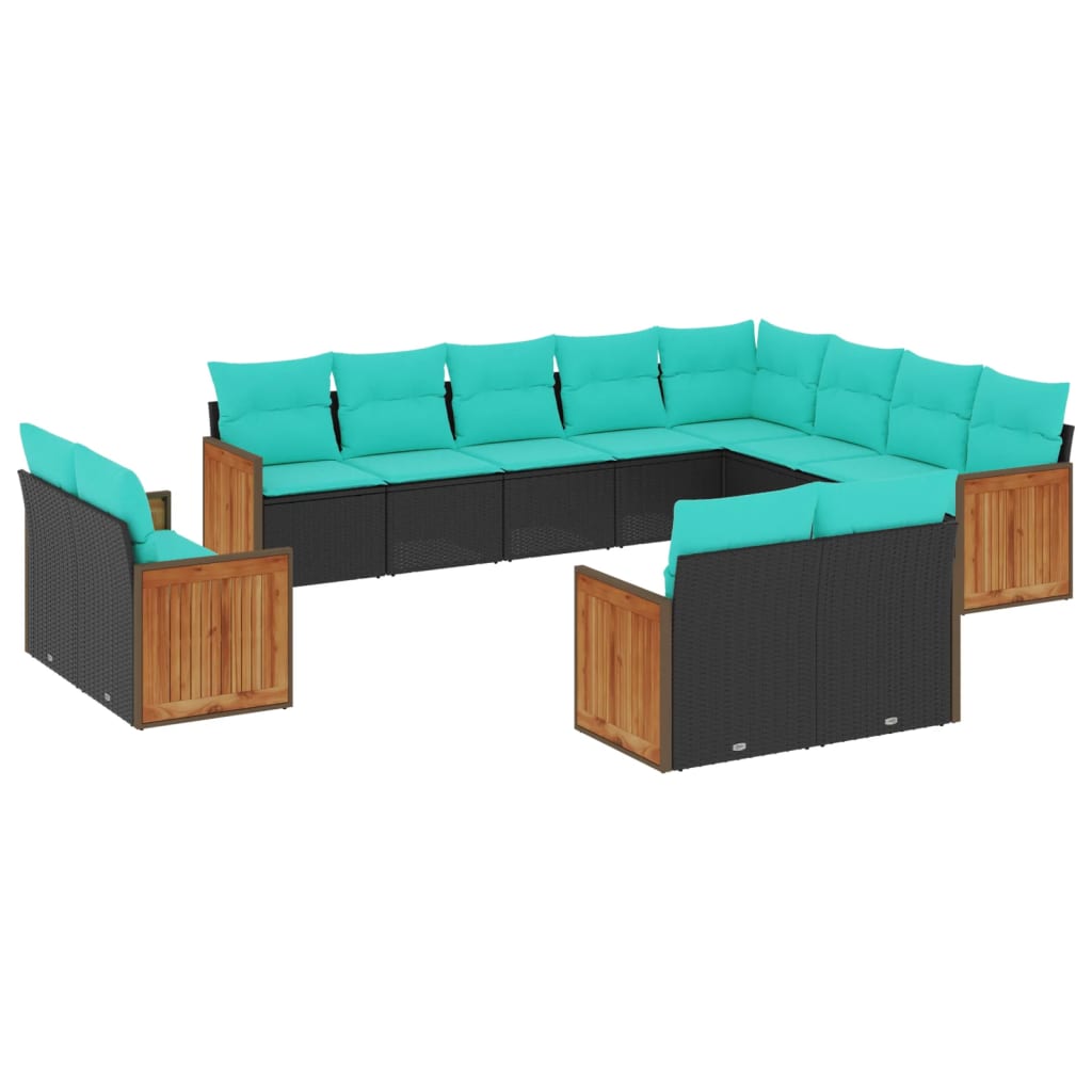 vidaXL 12-teiliges Gartensofa-Set mit Kissen, schwarzes Polyrattan