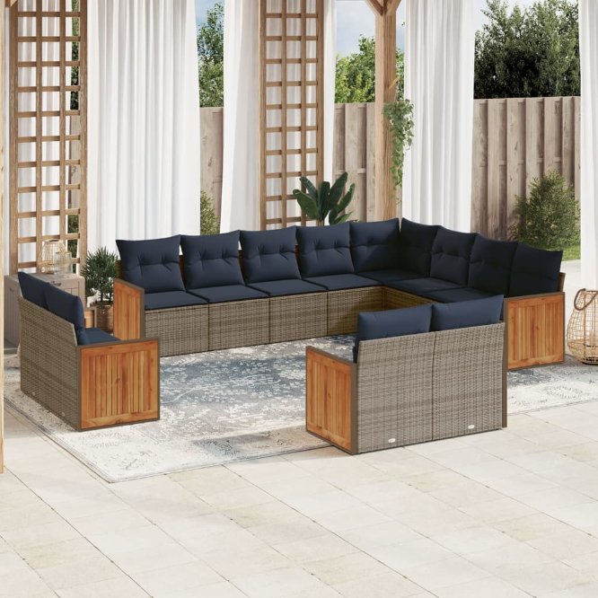 vidaXL 12-teiliges Gartensofa-Set mit Kissen, schwarzes Polyrattan