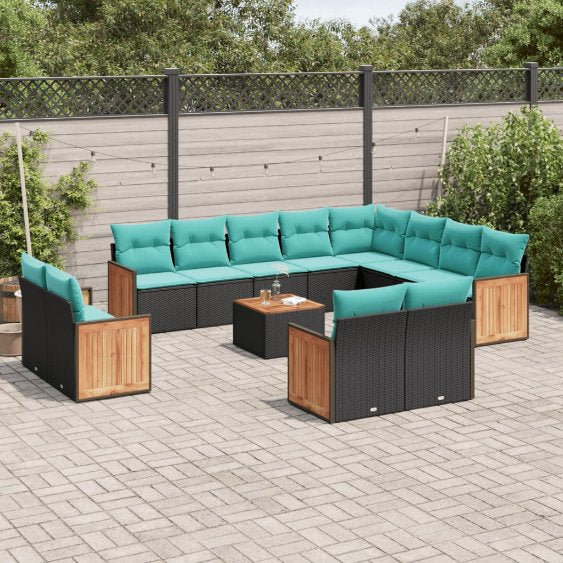 vidaXL 12-teiliges Gartensofa-Set mit Kissen, schwarzes Polyrattan