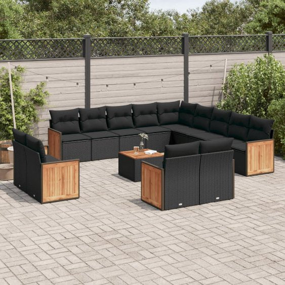 13-tlg. Garten-Sofagarnitur mit Kissen Schwarz Poly Rattan
