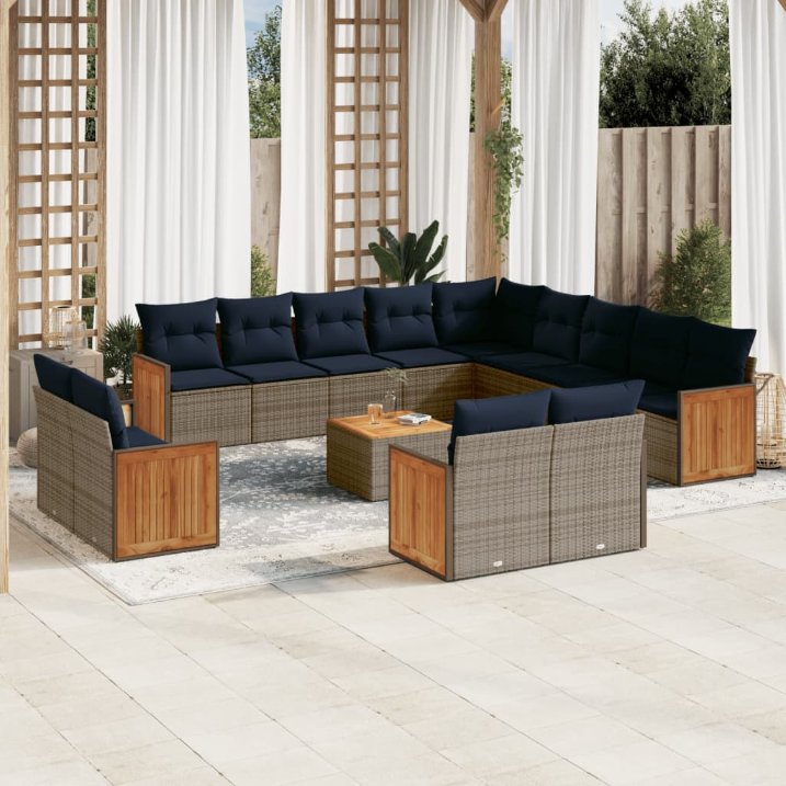13-teiliges Gartensofa-Set mit Kissen, schwarzes Polyrattan