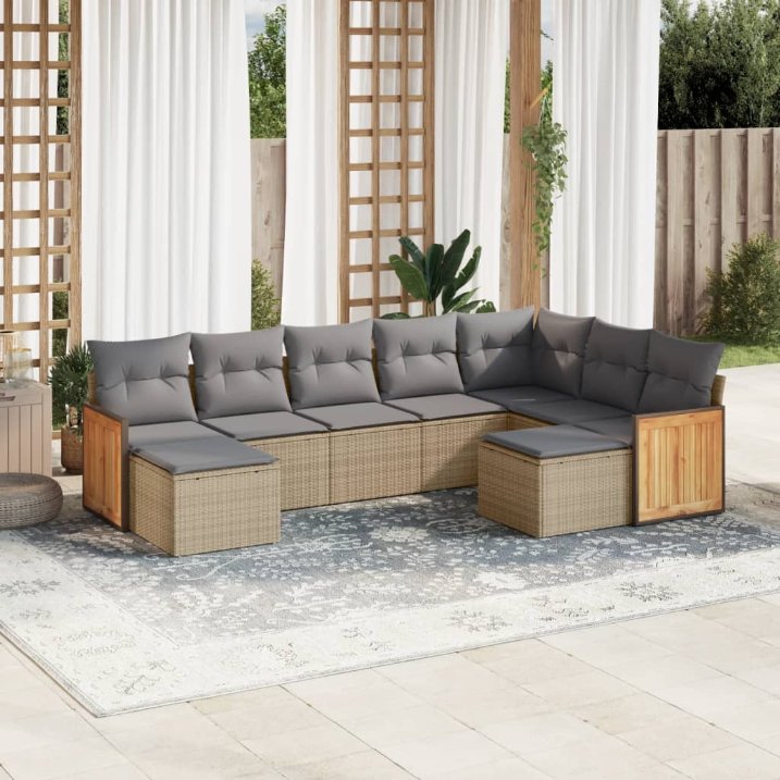 9-tlg. Garten-Sofagarnitur mit Kissen Schwarz Poly Rattan
