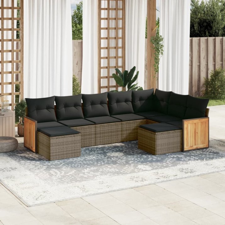 9-tlg. Garten-Sofagarnitur mit Kissen Schwarz Poly Rattan