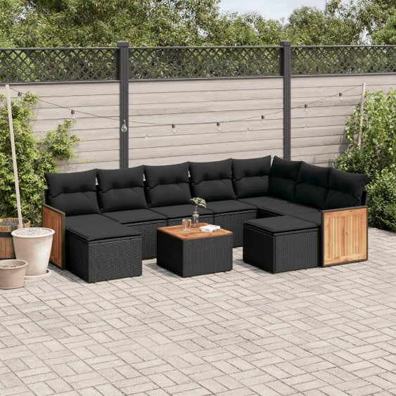 9-tlg. Garten-Sofagarnitur mit Kissen Schwarz Poly Rattan