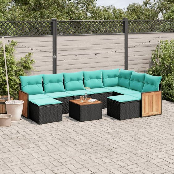 9-teiliges Gartensofa-Set mit Kissen, schwarzes Polyrattan