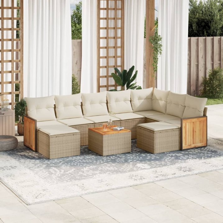 9-tlg. Garten-Sofagarnitur mit Kissen Schwarz Poly Rattan