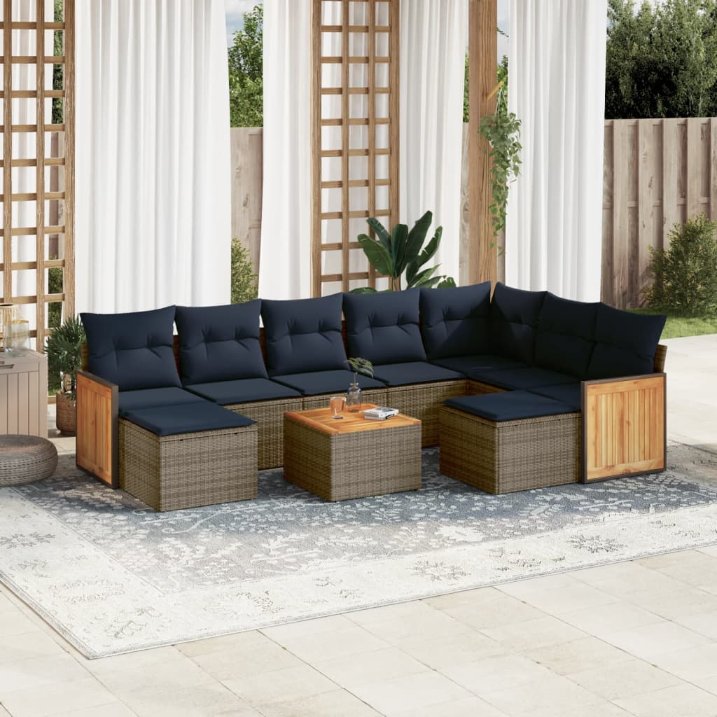 9-teiliges Gartensofa-Set mit Kissen, schwarzes Polyrattan