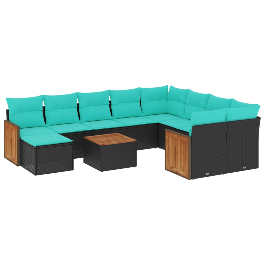 vidaXL 11-teiliges Gartensofa-Set mit Kissen, schwarzes Polyrattan