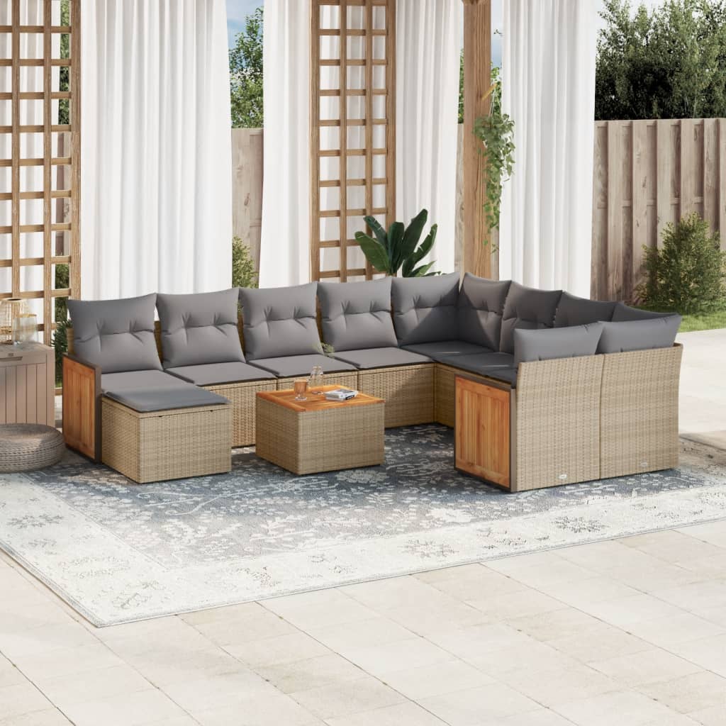 11-tlg. Garten-Sofagarnitur mit Kissen Schwarz Poly Rattan