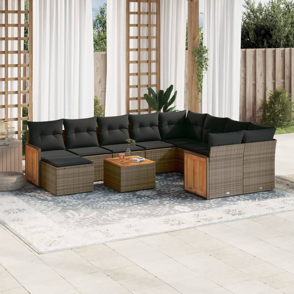 11-tlg. Garten-Sofagarnitur mit Kissen Schwarz Poly Rattan