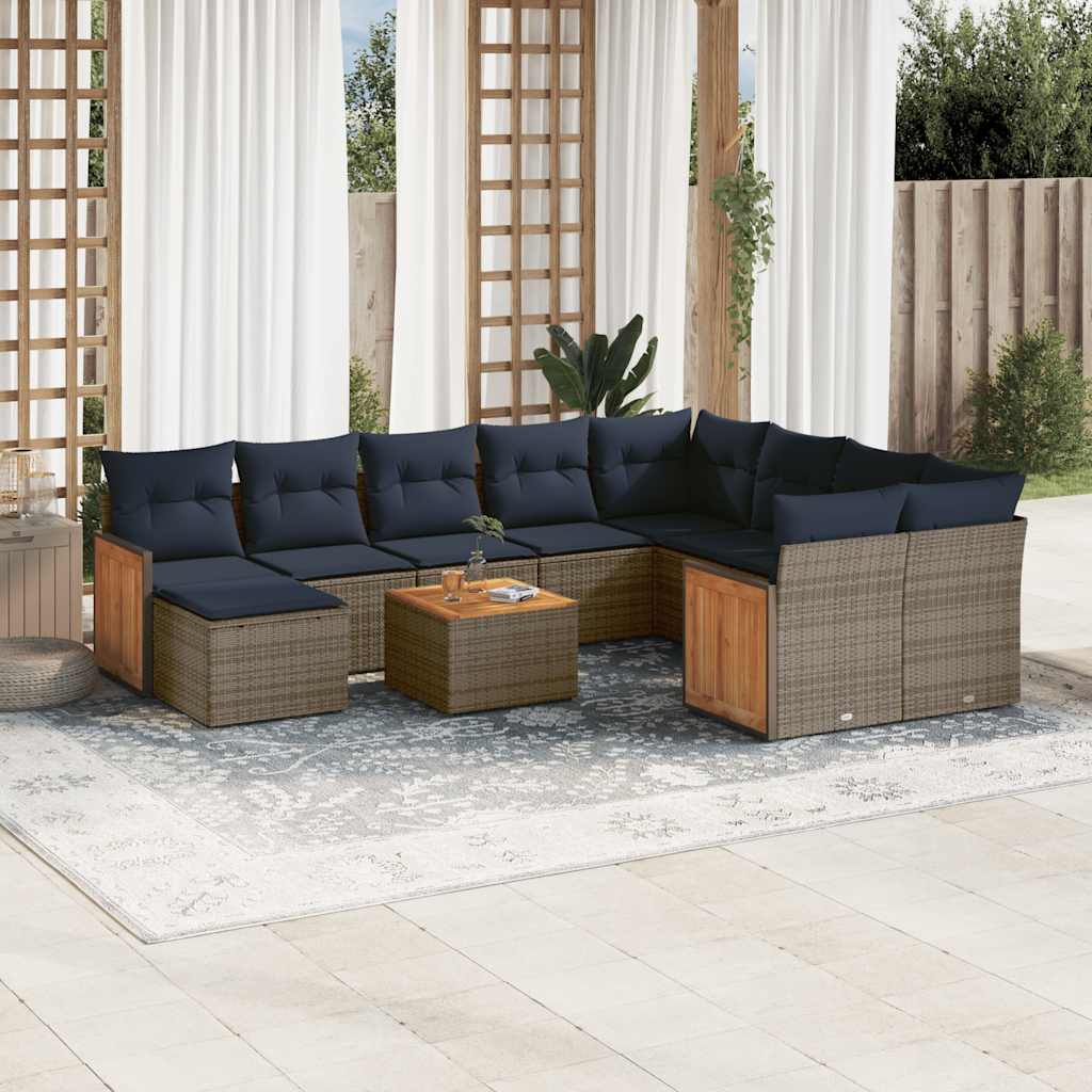 vidaXL 11-teiliges Gartensofa-Set mit Kissen, schwarzes Polyrattan