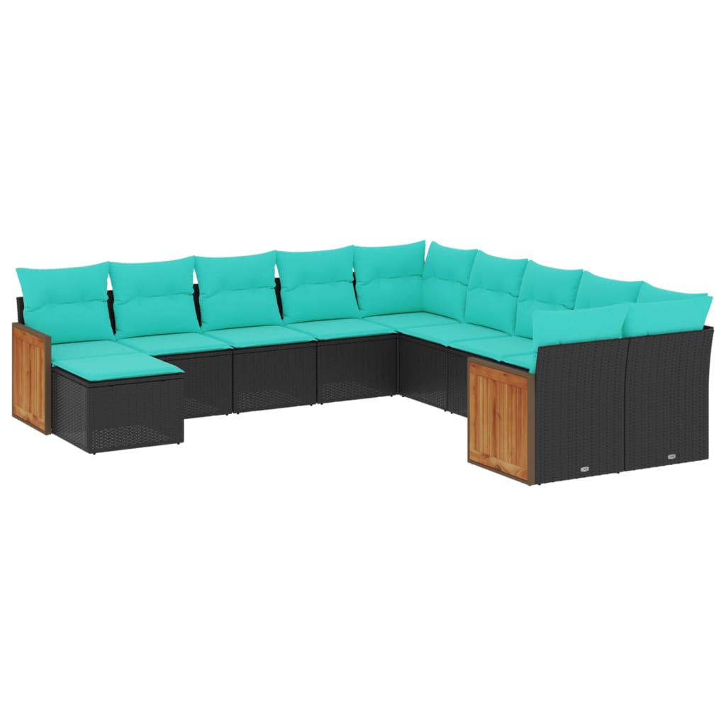 vidaXL 11-teiliges Gartensofa-Set mit Kissen, schwarzes Polyrattan