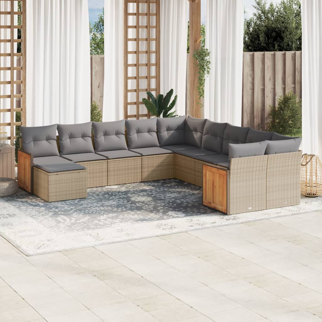11-tlg. Garten-Sofagarnitur mit Kissen Schwarz Poly Rattan