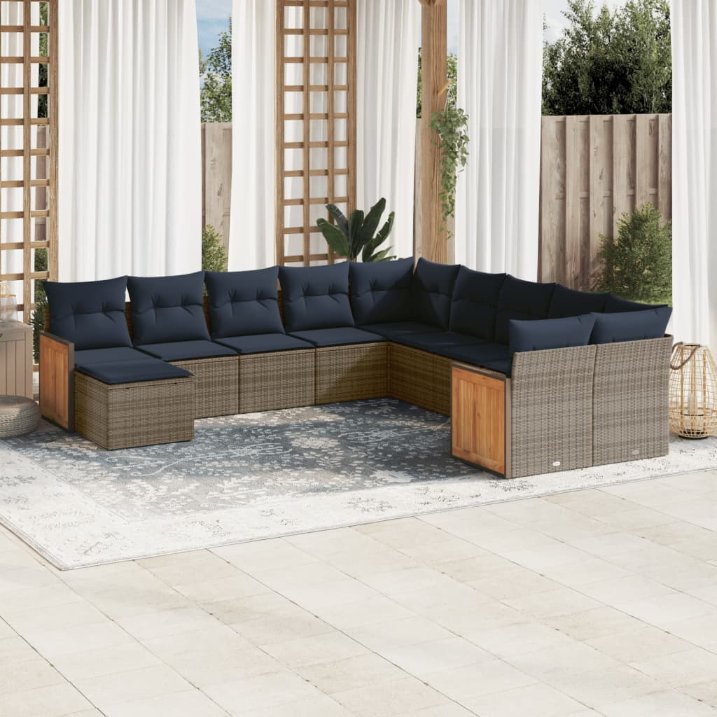 vidaXL 11-teiliges Gartensofa-Set mit Kissen, schwarzes Polyrattan