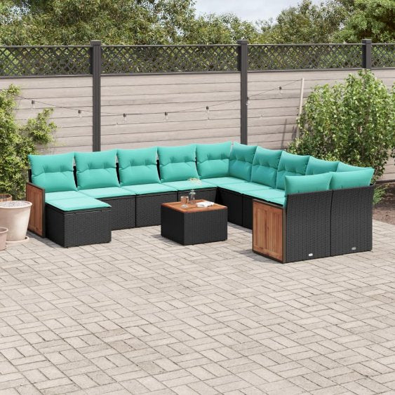vidaXL 11-teiliges Gartensofa-Set mit Kissen, schwarzes Polyrattan