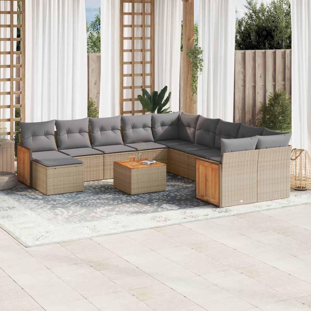 11-tlg. Garten-Sofagarnitur mit Kissen Schwarz Poly Rattan