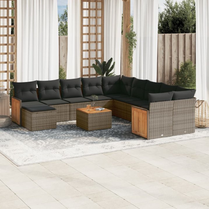 11-tlg. Garten-Sofagarnitur mit Kissen Schwarz Poly Rattan