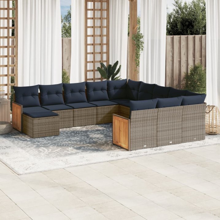 vidaXL 12-teiliges Gartensofa-Set mit Kissen, schwarzes Polyrattan