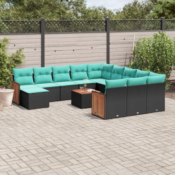 vidaXL 12-teiliges Gartensofa-Set mit Kissen, schwarzes Polyrattan
