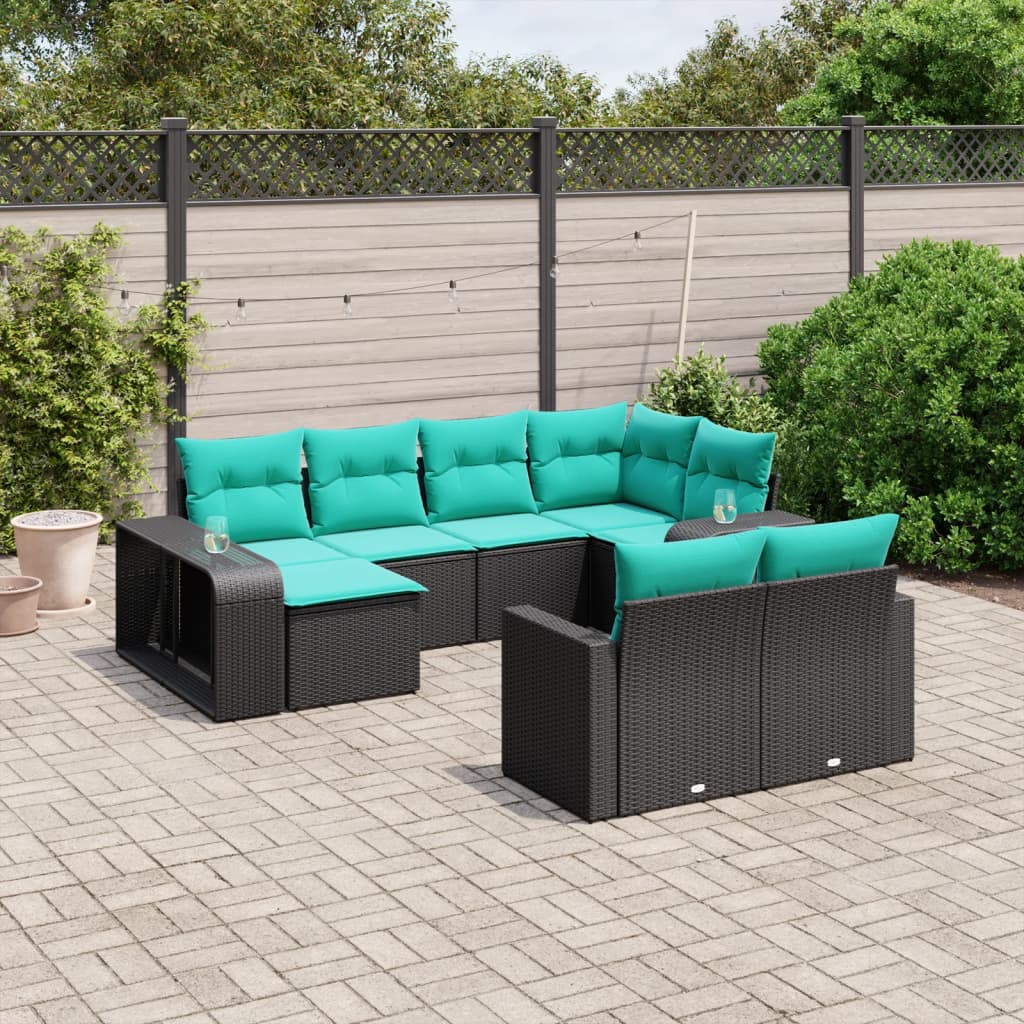 vidaXL 10-teiliges Gartensofa-Set mit Kissen, schwarzes Polyrattan