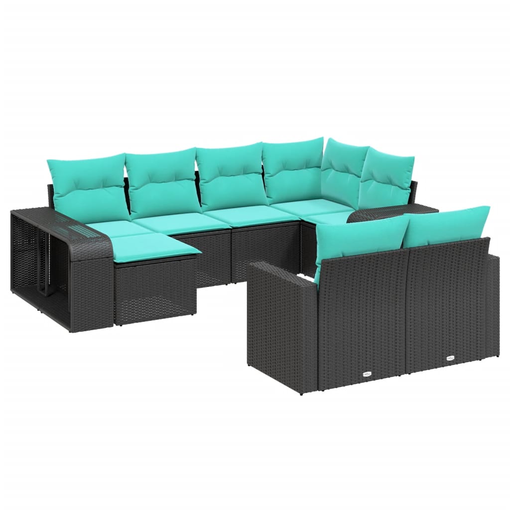vidaXL 10-teiliges Gartensofa-Set mit Kissen, schwarzes Polyrattan