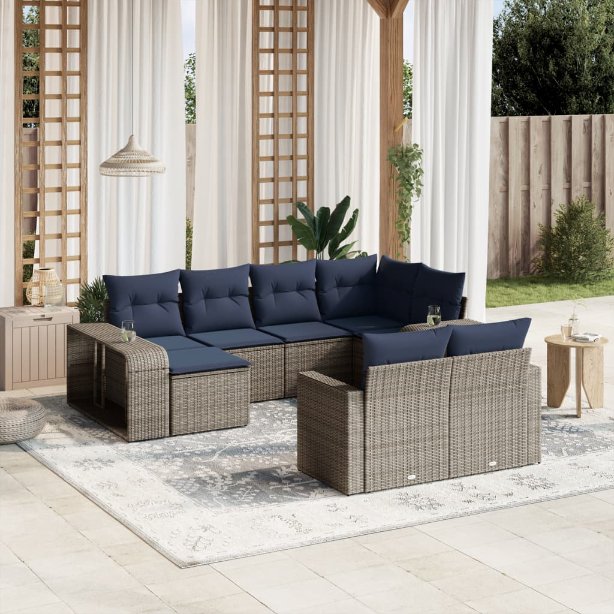 vidaXL 10-teiliges Gartensofa-Set mit Kissen, schwarzes Polyrattan