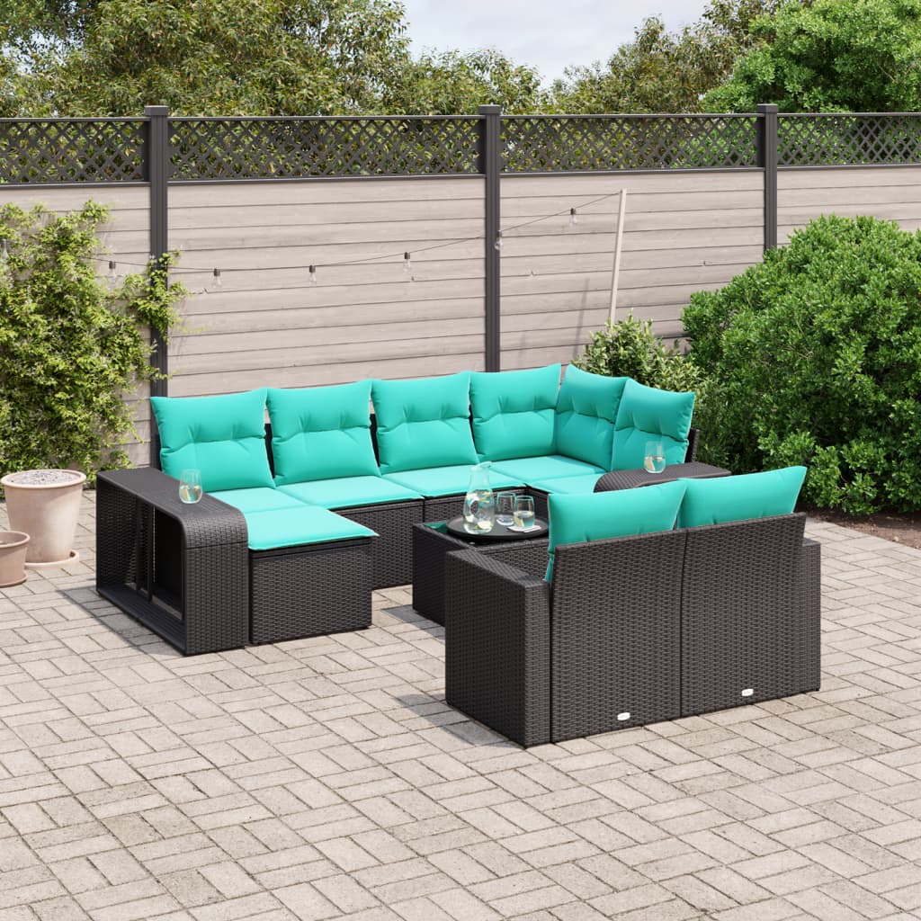 vidaXL 11-teiliges Gartensofa-Set mit Kissen, schwarzes Polyrattan