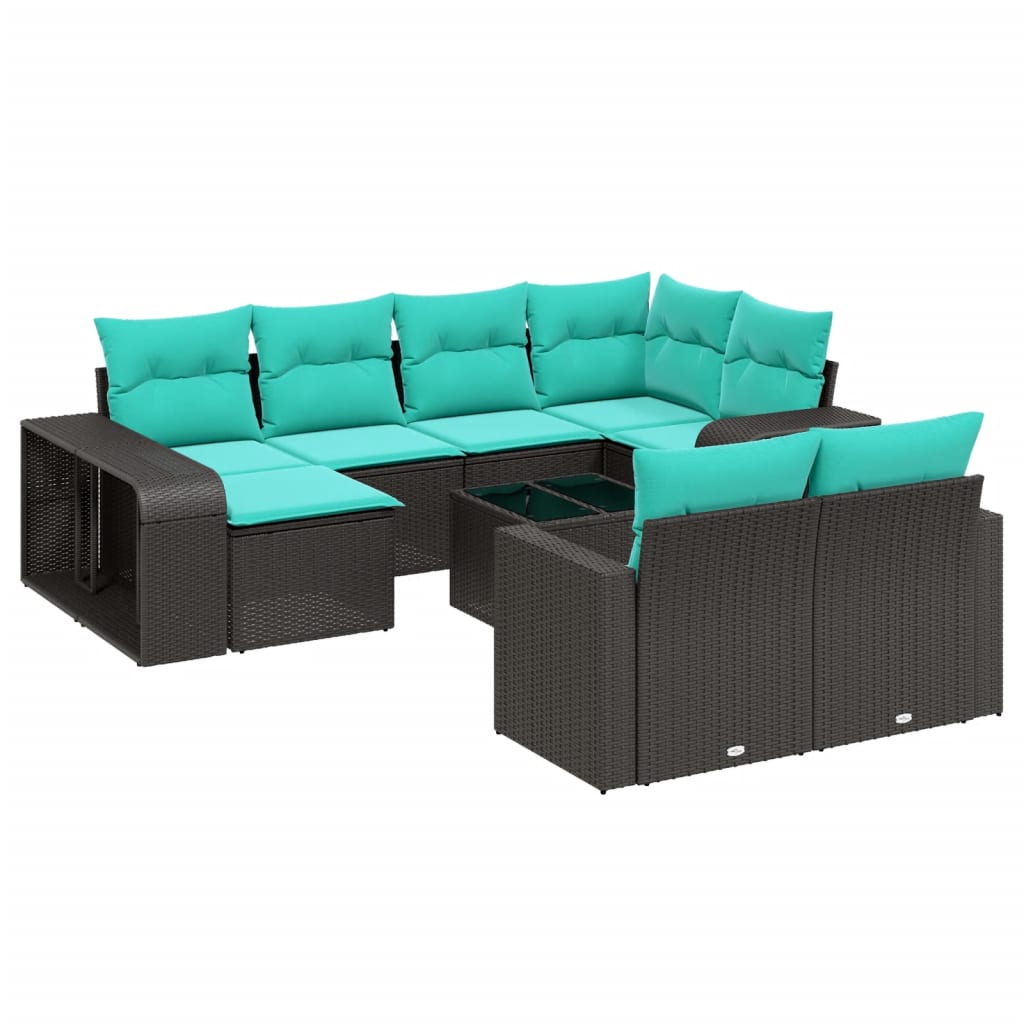 vidaXL 11-teiliges Gartensofa-Set mit Kissen, schwarzes Polyrattan