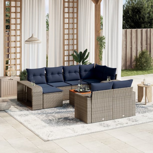 vidaXL 11-teiliges Gartensofa-Set mit Kissen, schwarzes Polyrattan