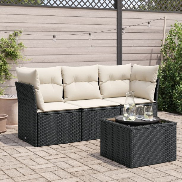 3-tlg. Garten-Sofagarnitur mit Kissen Schwarz Poly Rattan