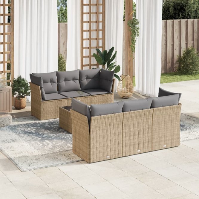 7-tlg. Garten-Sofagarnitur mit Kissen Schwarz Poly Rattan