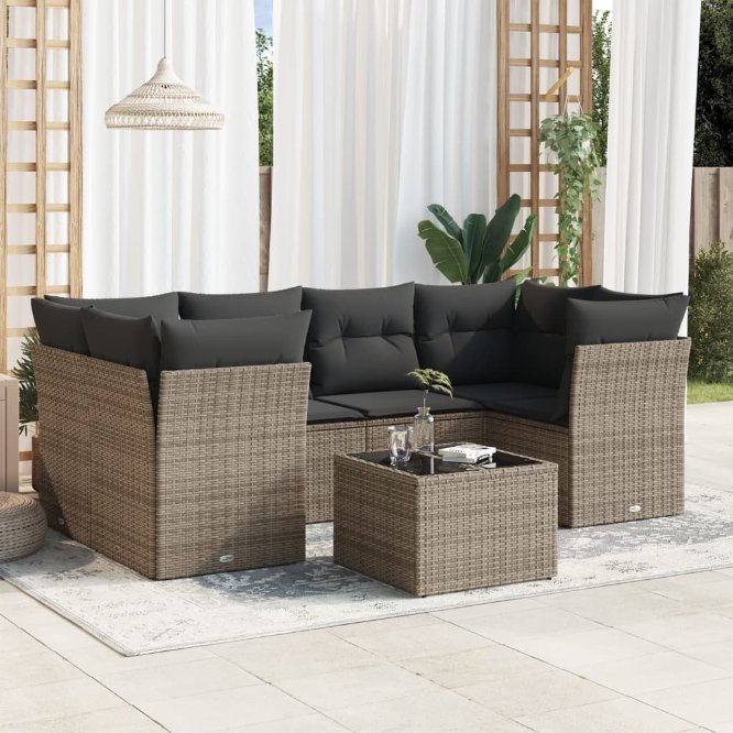 7-tlg. Garten-Sofagarnitur mit Kissen Schwarz Poly Rattan