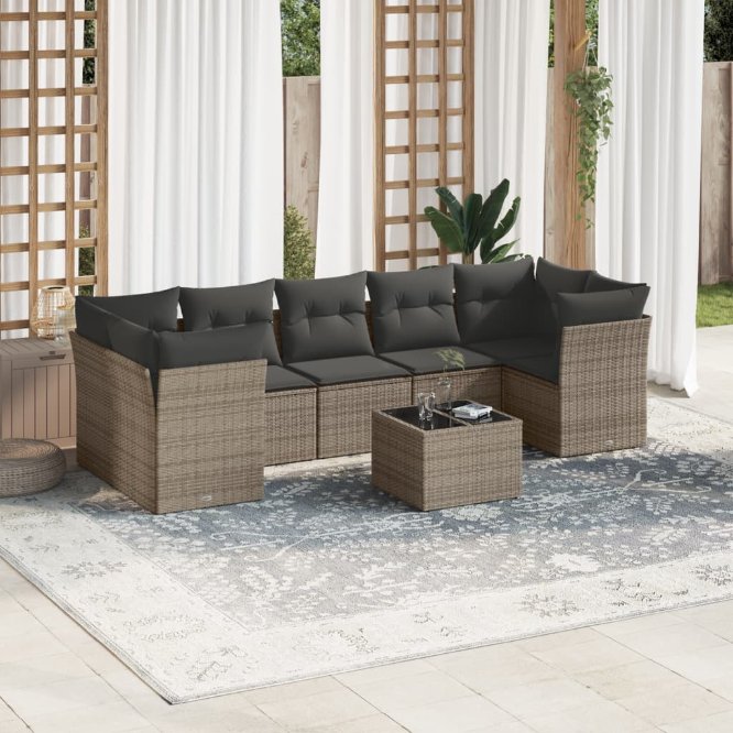 8-tlg. Garten-Sofagarnitur mit Kissen Schwarz Poly Rattan