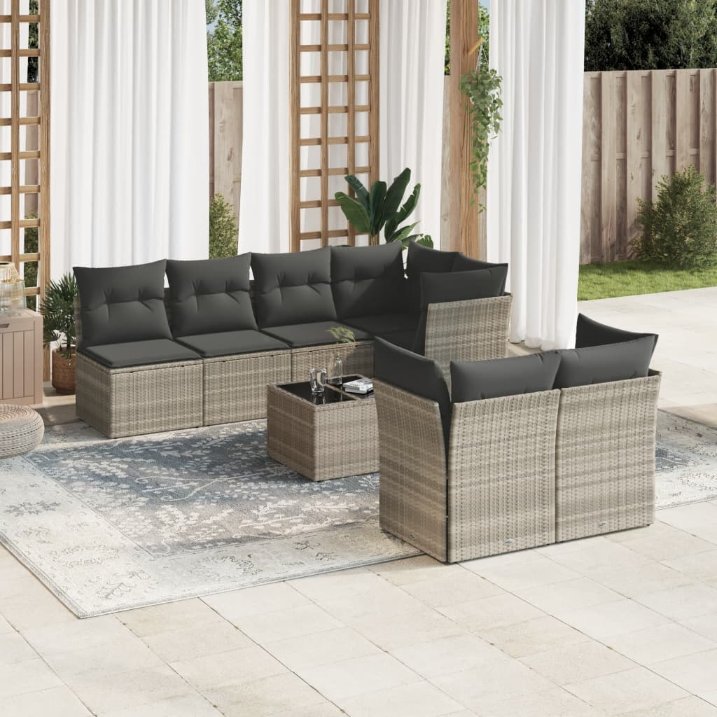 8-tlg. Garten-Sofagarnitur mit Kissen Schwarz Poly Rattan