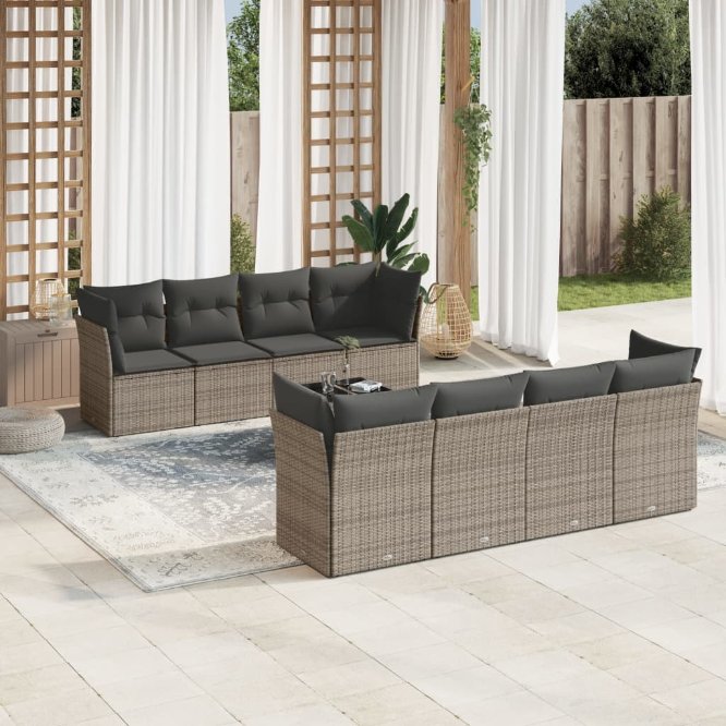9-tlg. Garten-Sofagarnitur mit Kissen Schwarz Poly Rattan
